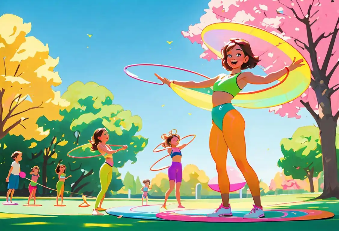 Colorful image of people of all ages happily hula hooping, wearing vibrant activewear, in a sunny park surrounded by green trees and blue skies..