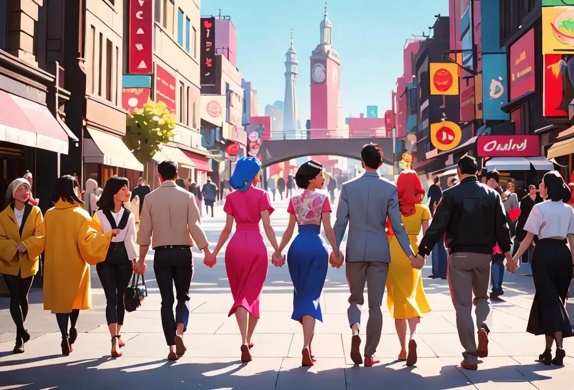 Group of diverse individuals holding hands, wearing clothing representing different cultures, vibrant city scene in the background..