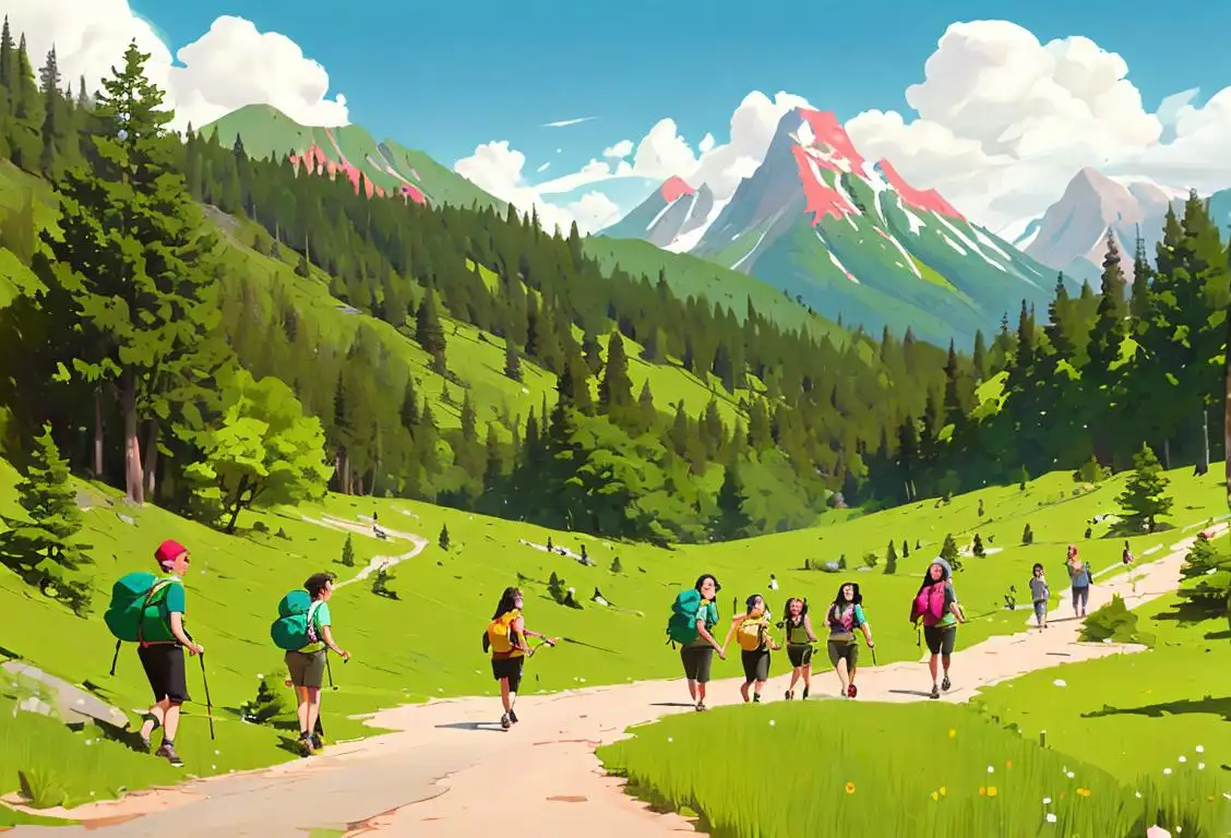 Group of people hiking in a beautiful national park, wearing colorful outdoor clothing, surrounded by lush greenery and mountains in the background..