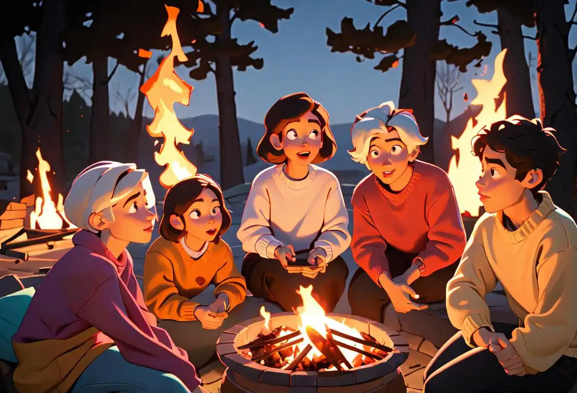 A diverse group of friends gathered around a bonfire, wearing cozy sweaters, enjoying s'mores, and sharing stories on National bfffffff Day..
