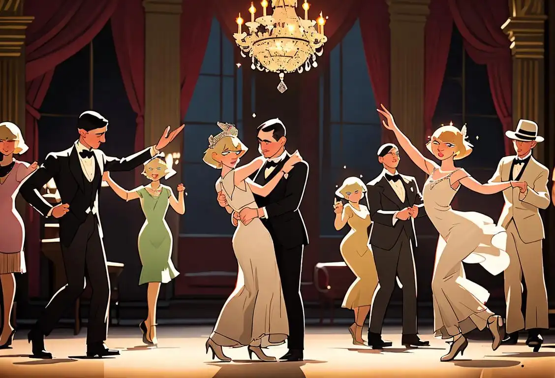 A group of people dancing in 1920s style attire, with a stunning chandelier in the background and sparkling decorations..