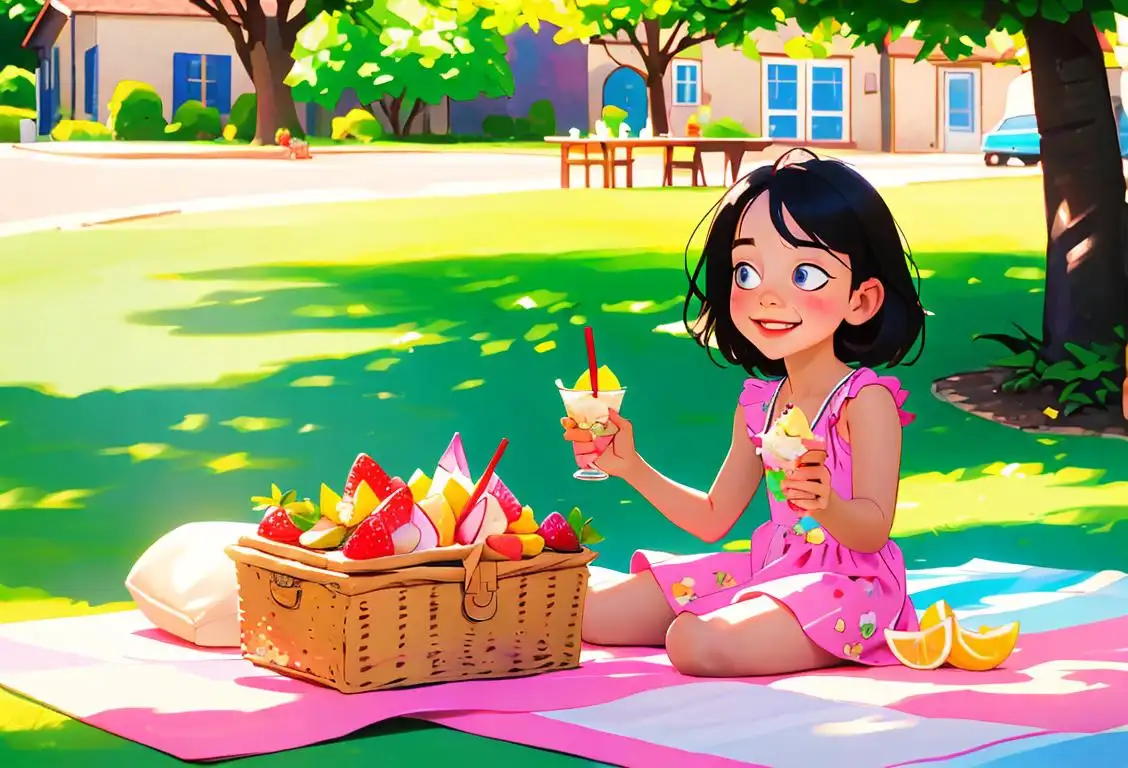 A happy child enjoying a colorful parfait with fresh fruits, wearing a cute summer outfit, outdoor picnic setting..