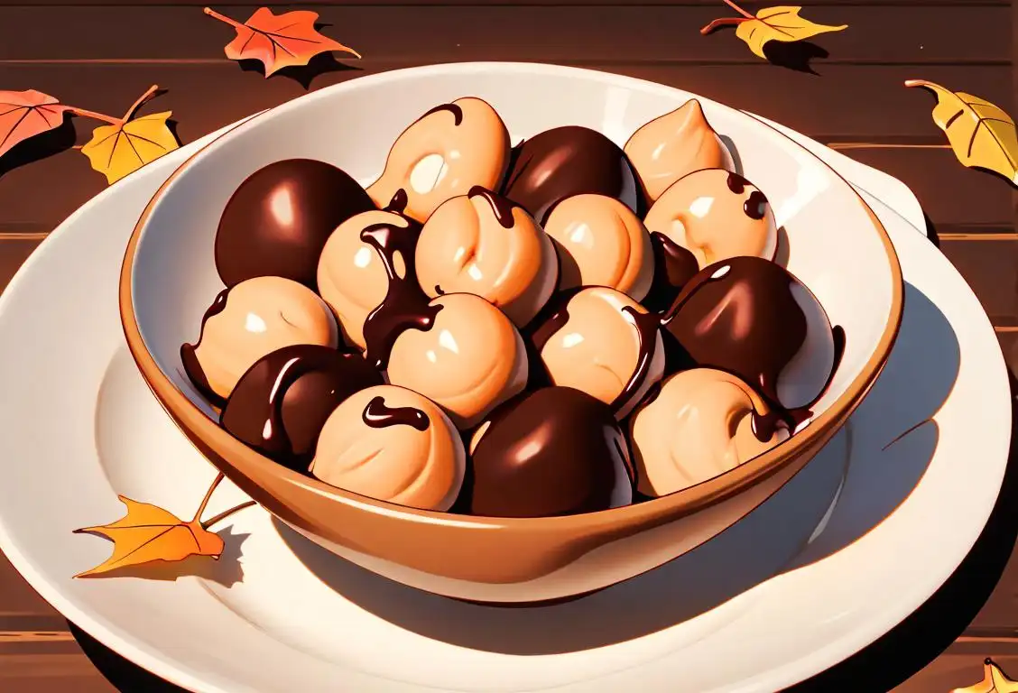 A delightful image of a bowl filled with various chocolate-covered nuts, surrounded by colorful autumn leaves and a cozy scarf..
