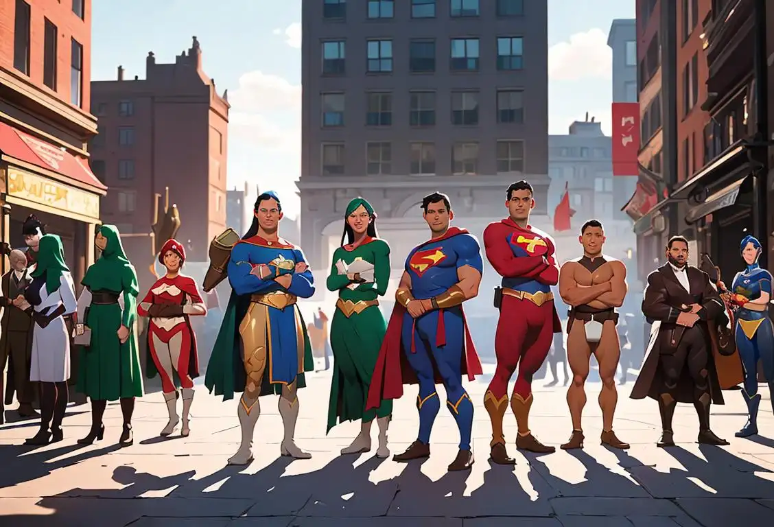 A diverse group of people dressed as heroes, representing various professions and cultures, standing together in a city backdrop..