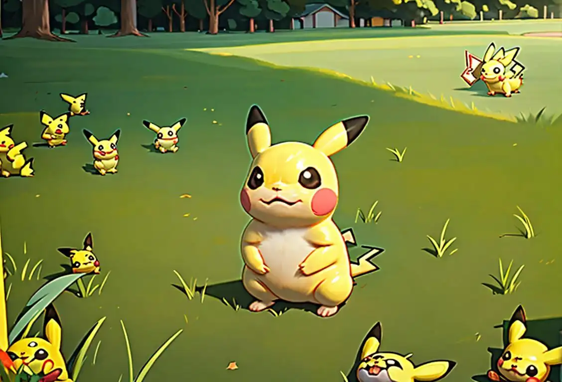 Young child in a Pikachu costume, hanging out in a grassy park, surrounded by Pokemon merchandise and animated Pokemon characters..