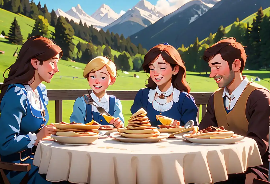 A smiling family enjoying a plate of Bavarian crepes, wearing traditional Bavarian clothing, in a cozy alpine cabin setting..