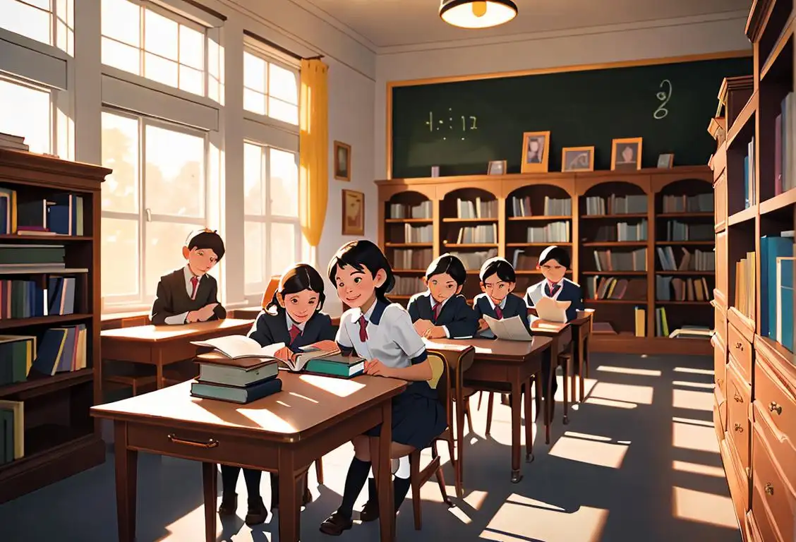 Group of diverse students in a school library, wearing school uniforms, reading and smiling, with books and bookshelves in the background..