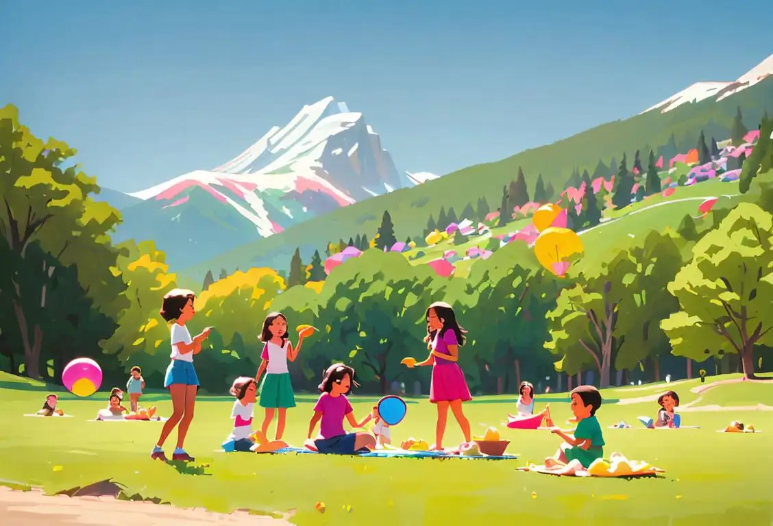 Family having a picnic in a national park, children playing with frisbees and wearing colorful summer outfits, scenic mountain backdrop..