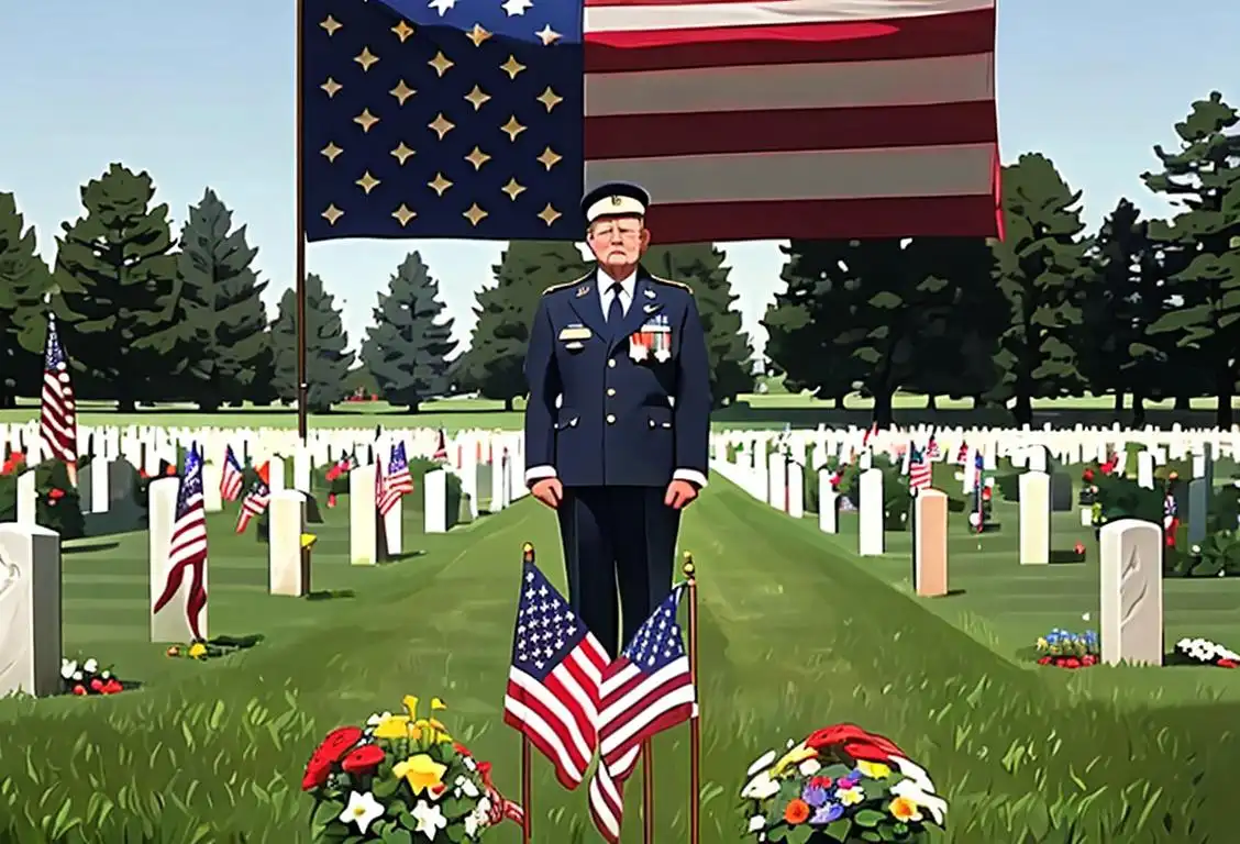 A thoughtful veteran, surrounded by American flags and flowers, paying tribute at a tranquil National Cemetery on Memorial Day..