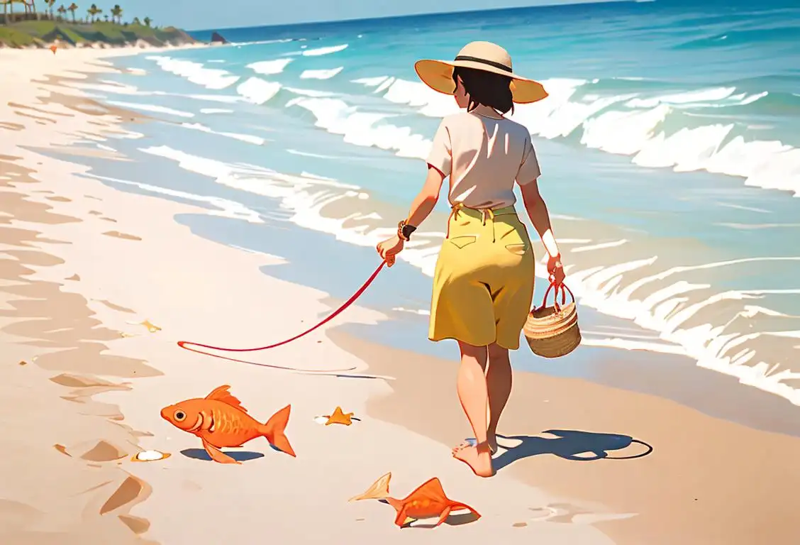A person walking a fish on a leash, wearing a sun hat, beach attire, sandy beach setting..