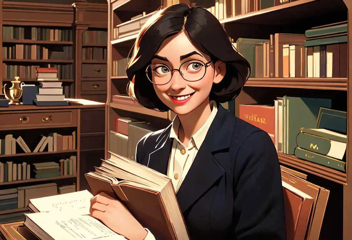 A smiling librarian holding a book, wearing glasses, vintage-inspired fashion, surrounded by shelves filled with books..
