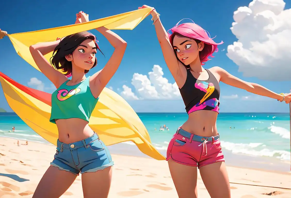 Young adults wearing colorful shorts and tank tops, dancing on a tropical beach with a banner that says 'National Bottom Day' in the background..