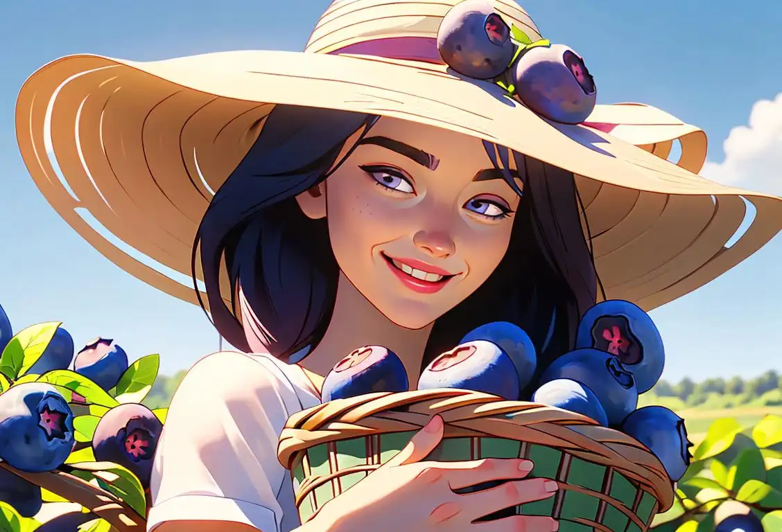 Juicy blueberries piled high in a basket, with a sunny farm scene in the background. Stylish sun hat worn by a smiling woman picking blueberries..