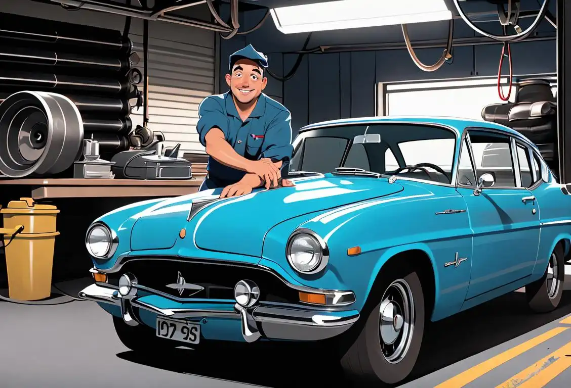 A smiling automotive service professional, wearing a mechanics uniform, working under the hood of a classic car in a well-equipped garage..