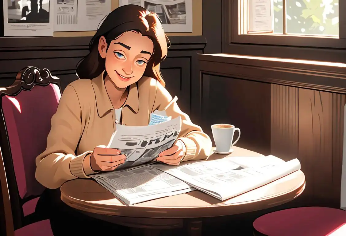 A person sitting at a cozy cafe table, engrossed in reading a newspaper, with sunlight filtering through the window onto their happy face..