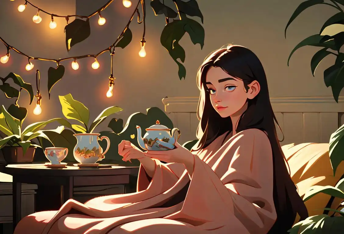 Young woman wrapped in a cozy blanket, reading a book with a cup of tea, surrounded by fairy lights and plants..