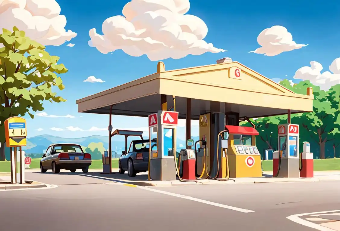 Happy driver pumping gas at a station, with bright sunny weather, wearing a casual summer outfit, surrounded by friendly roadside signs..