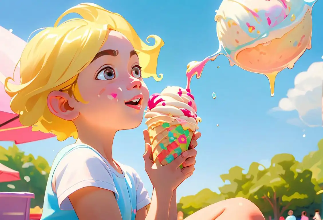 A joyful child with drips of ice cream floating in the air, dressed in colorful summer clothes, enjoying a sunny park picnic..