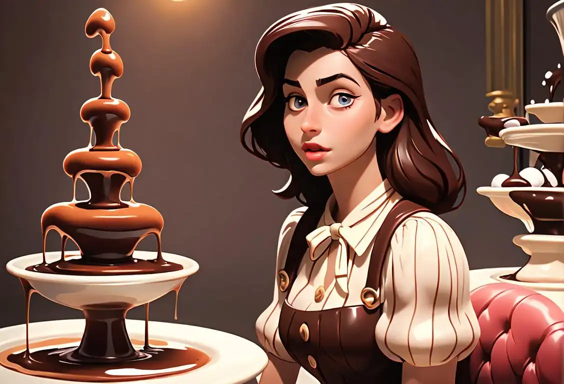 Young woman in retro fashion outfit, enjoying a chocolate fountain at a whimsical chocolate wonderland..