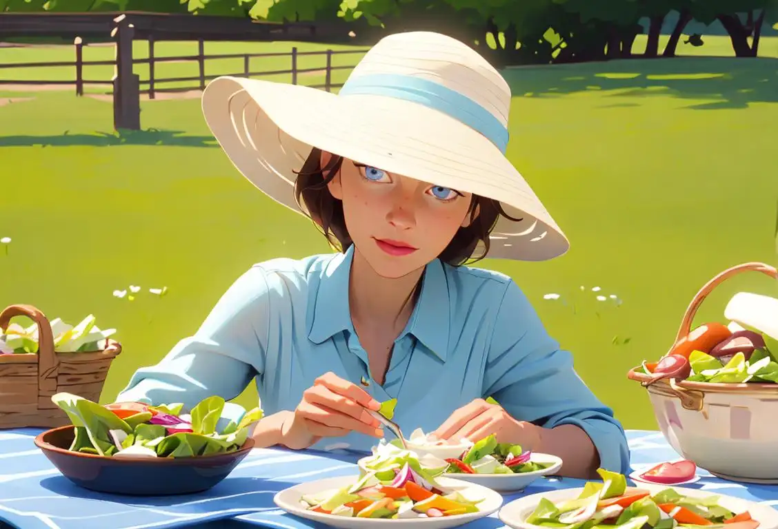 Person casually drizzling ranch dressing over a plate of fresh salad outdoors, wearing a sunhat, picnic setting..