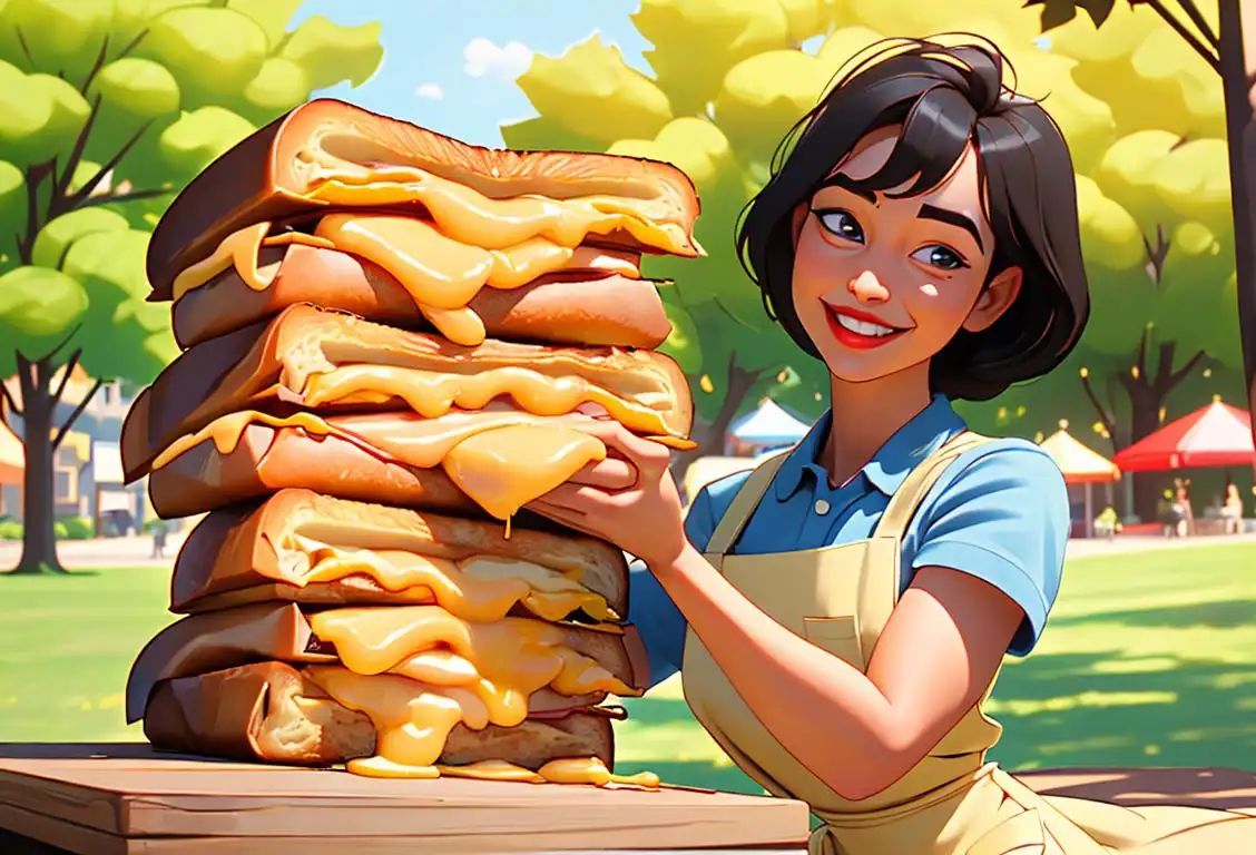 A young woman holding a perfectly grilled, gooey grilled cheese sandwich with a cheesy smile on her face, wearing a vintage apron and enjoying a picnic in a sunny park..