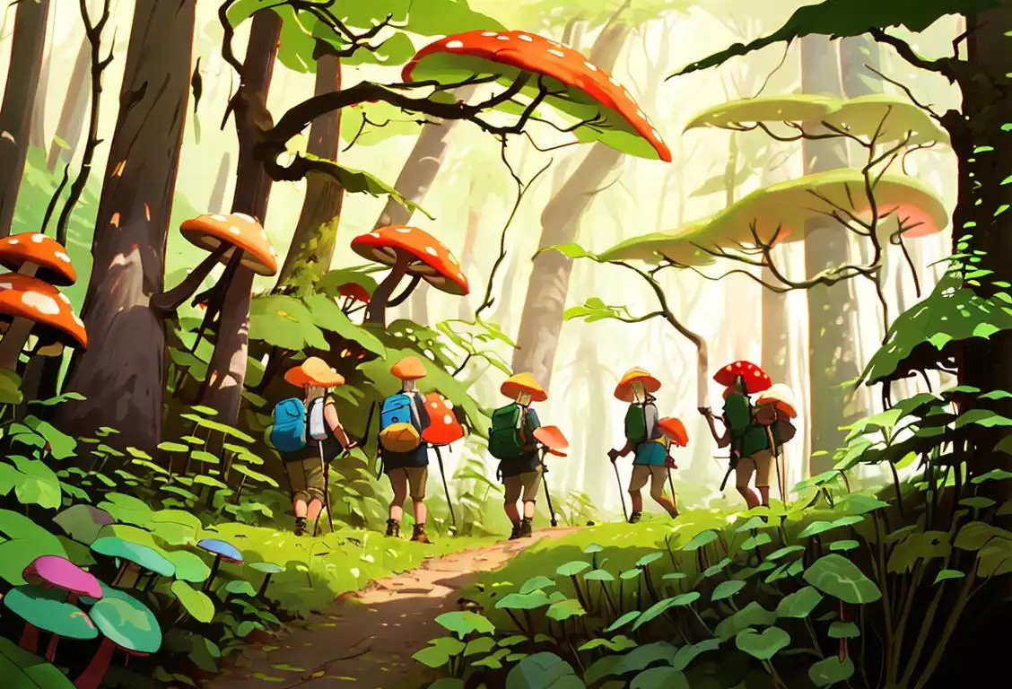 A group of friends wearing hiking gear, exploring a lush forest filled with various types of colorful mushrooms..