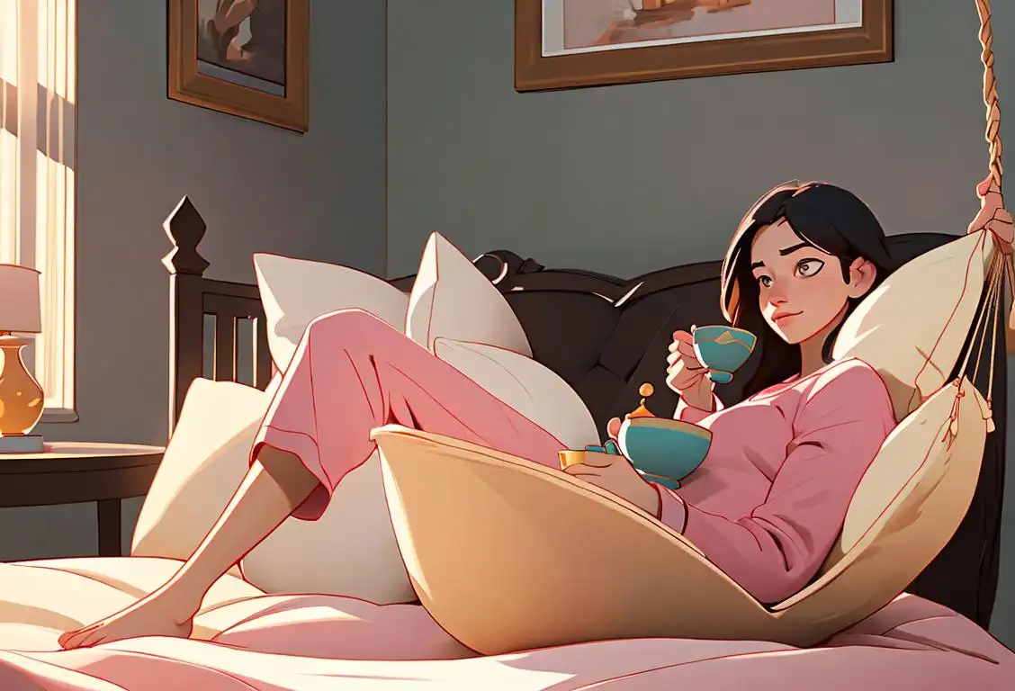 A cozy scene with a person lounging on a hammock, wearing comfortable pajamas, surrounded by pillows and blankets, with a warm cup of tea nearby..