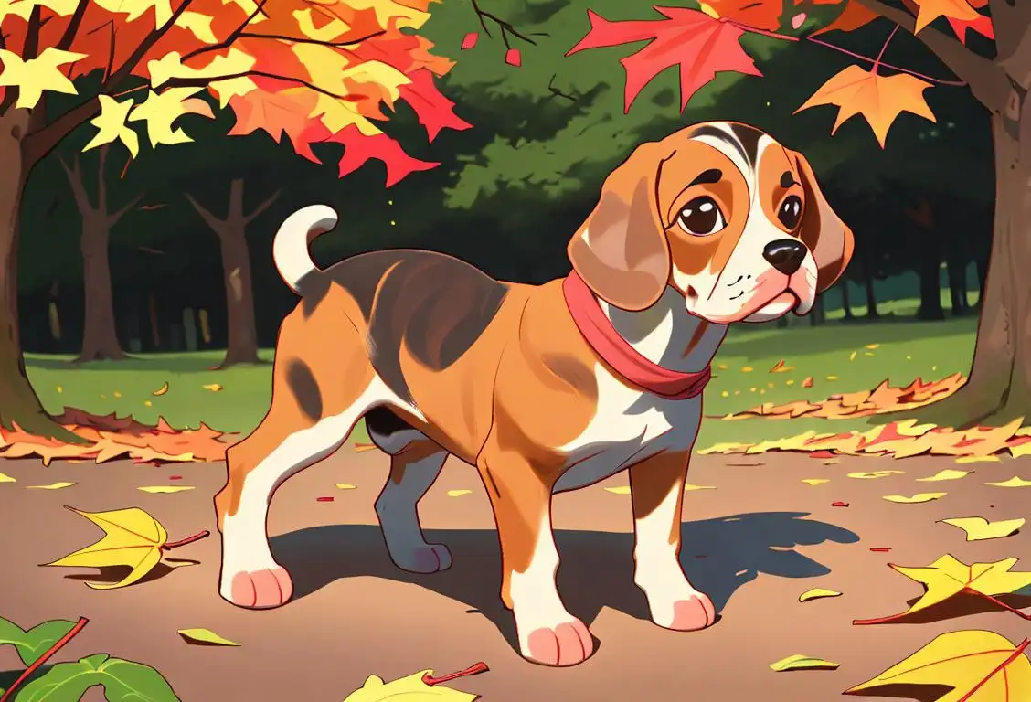 An adorable beagle puppy wearing a cute bandana, exploring a colorful autumnal park with leaves scattered all around..