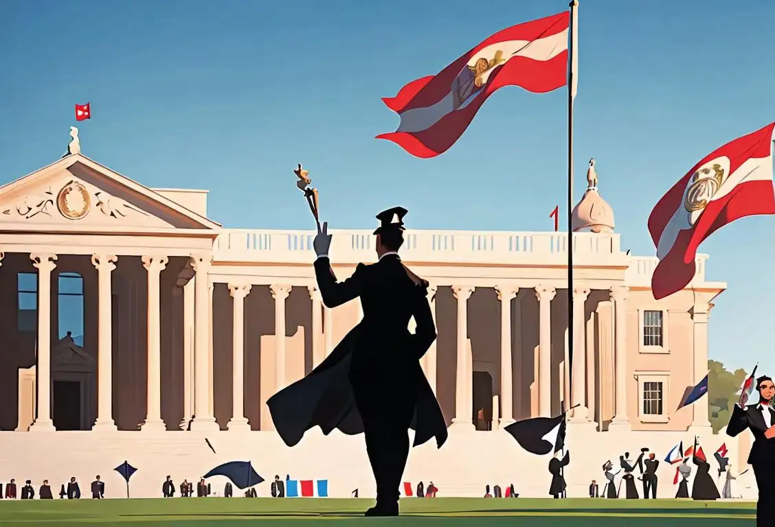 Group of diverse people in formal attire, waving flags with the silhouette of a historical building in the background..
