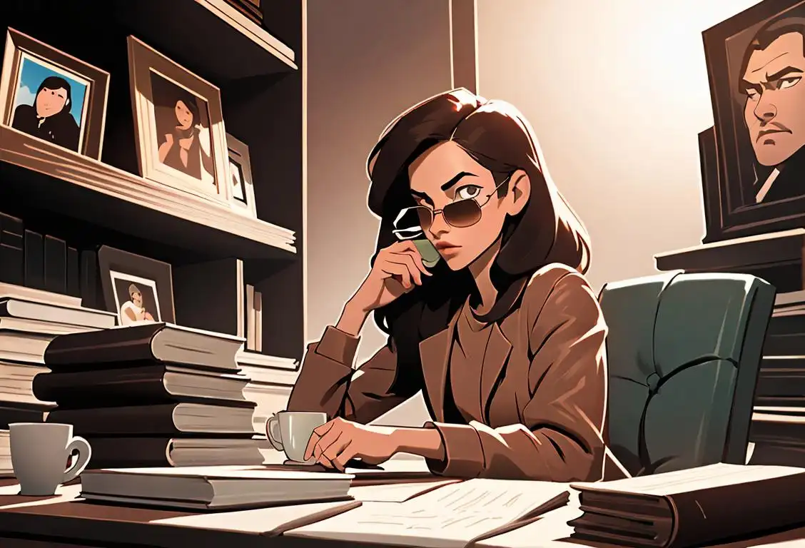 Young woman wearing an aviator sunglasses, sitting in front of a computer, surrounded by stacks of books and a mug of hot cocoa, celebrating National Criminal Log Off Day..