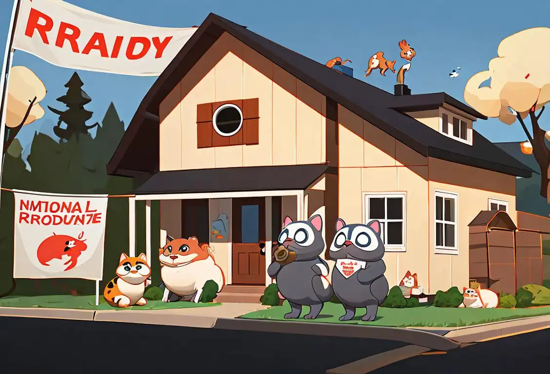 Cute cartoon animals wearing safety helmets, standing outside a cozy suburban home, with a banner saying 'National Animal Disaster Preparedness Day'..
