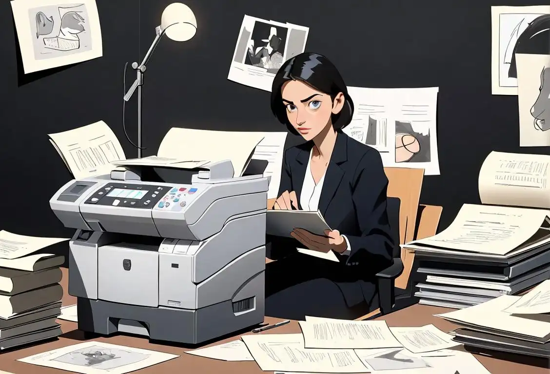 A person in a professional outfit sitting at a desk, surrounded by stacks of papers and using a photocopier..