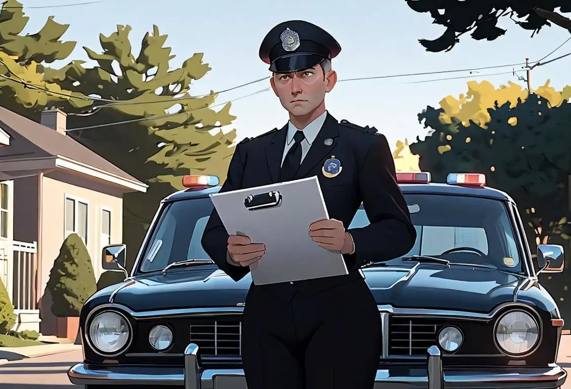 A stern-looking police officer in uniform, holding a clipboard, standing near a police car, suburban neighborhood setting..