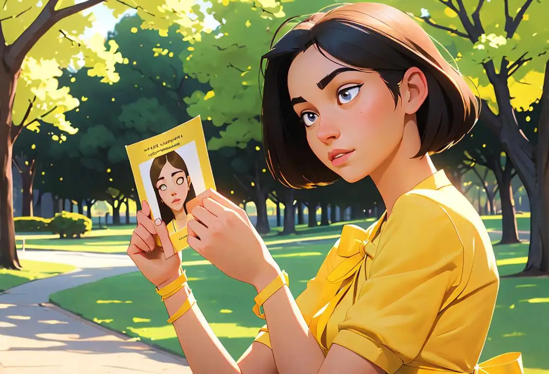 Young woman holding a safety awareness brochure, wearing a yellow ribbon on her wrist, in a serene park setting..