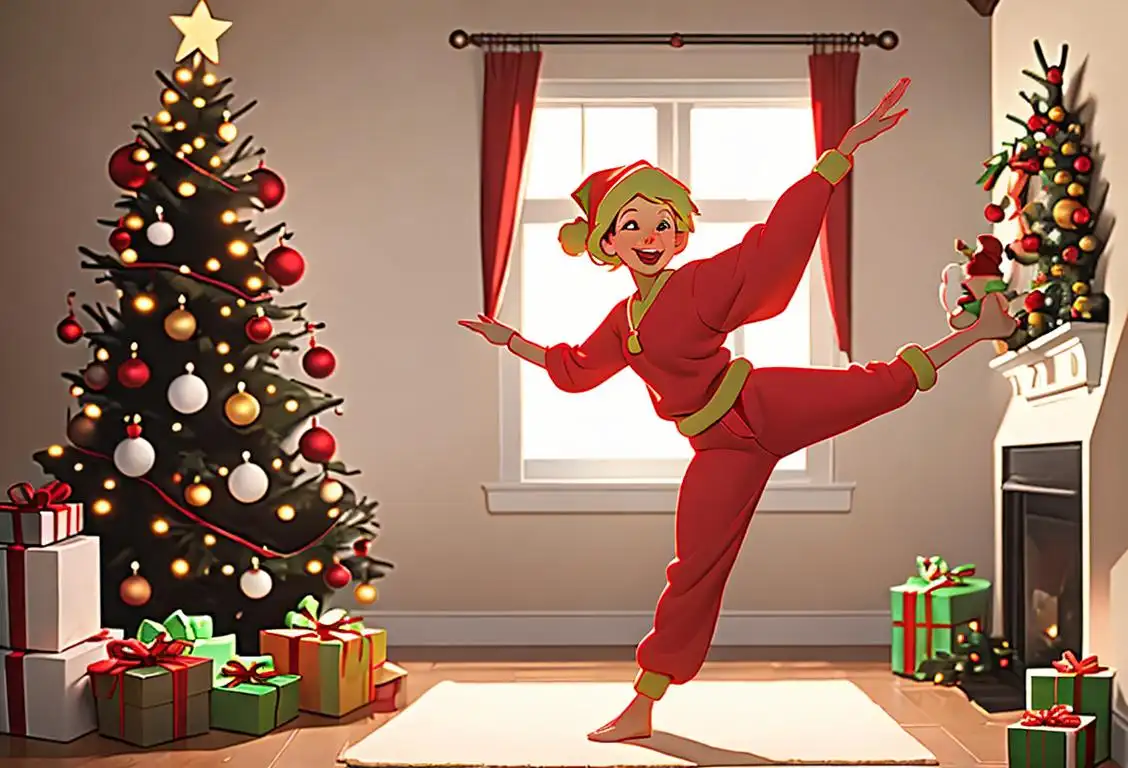 A cheerful woman in comfy clothes dancing with joy as she takes down Christmas decorations in a cozy, festive living room..
