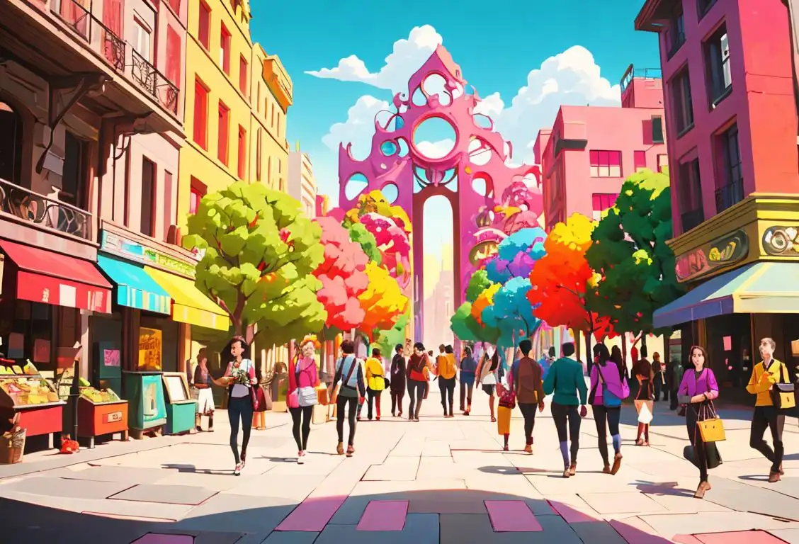 A group of diverse individuals, each wearing a unique triangular fashion accessory, in a colorful and vibrant city setting..