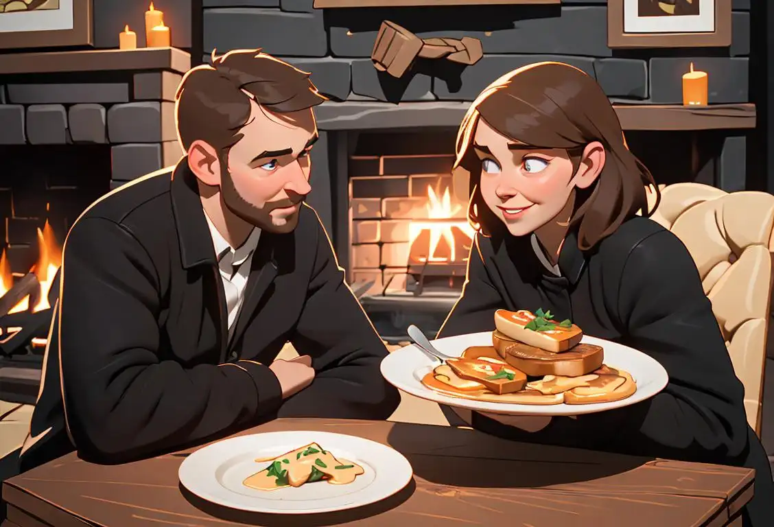 Happy couple enjoying a plate of hot and melty Welsh rarebit, surrounded by a cozy cabin interior filled with rustic decor and a fireplace..
