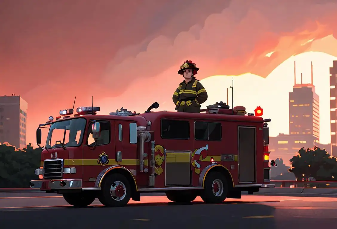 A brave firefighter wearing full gear, standing near a firetruck, with a backdrop of a city skyline at sunset..