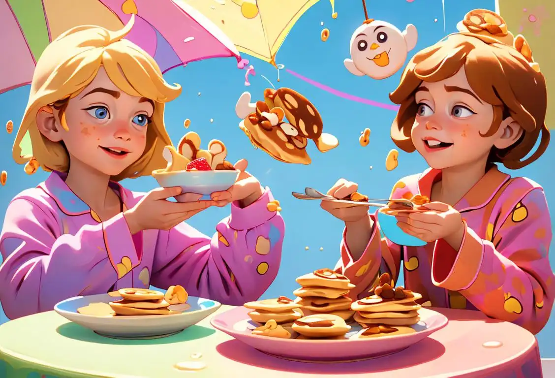 Happy children enjoying a bowl of mini pancakes, wearing colorful pajamas, surrounded by a whimsical breakfast land with pancakes raining from the sky..