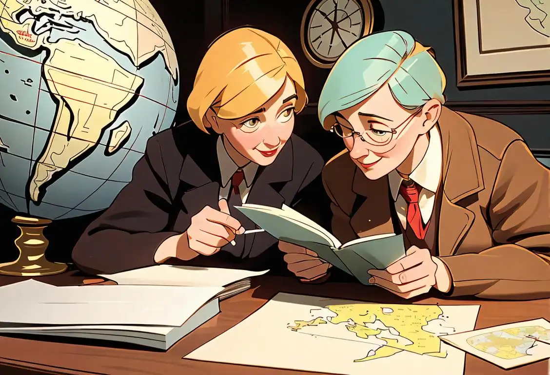 Two people exchanging letters with excitement, sitting at a cozy desk with vintage decorations, surrounded by world maps and travel souvenirs..