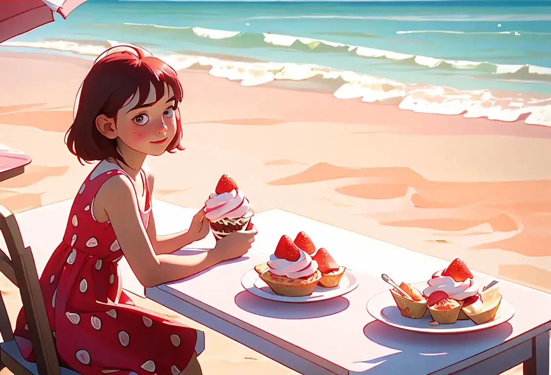 Young girl enjoying a strawberry sundae on a sunny day, wearing a cute sundress, picnic scene with a view of the beach..