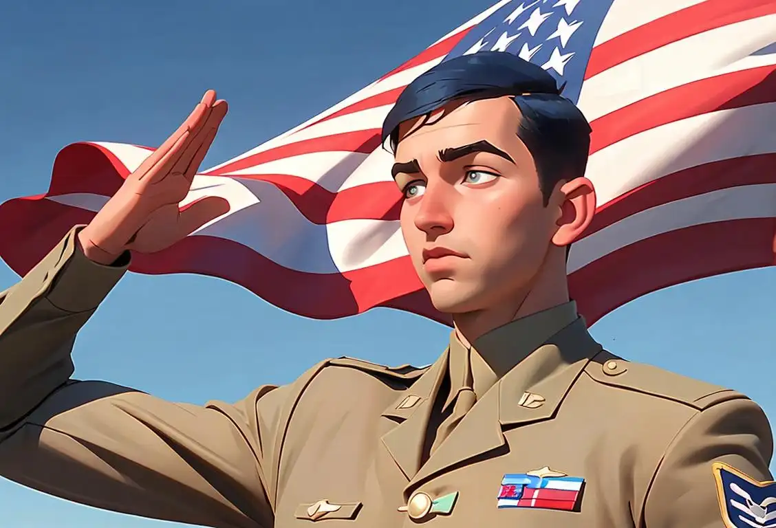 Young man in National Guard Air Guard uniform, saluting with pride, in front of an American flag backdrop, with an impressive aircraft in the background..