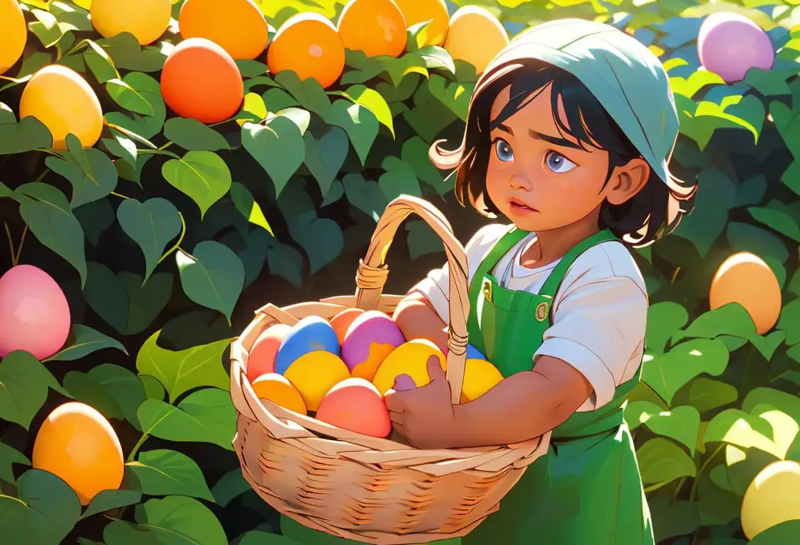 A cute child with a basket of colorful eggs, wearing an apron, surrounded by a sunny garden scene..