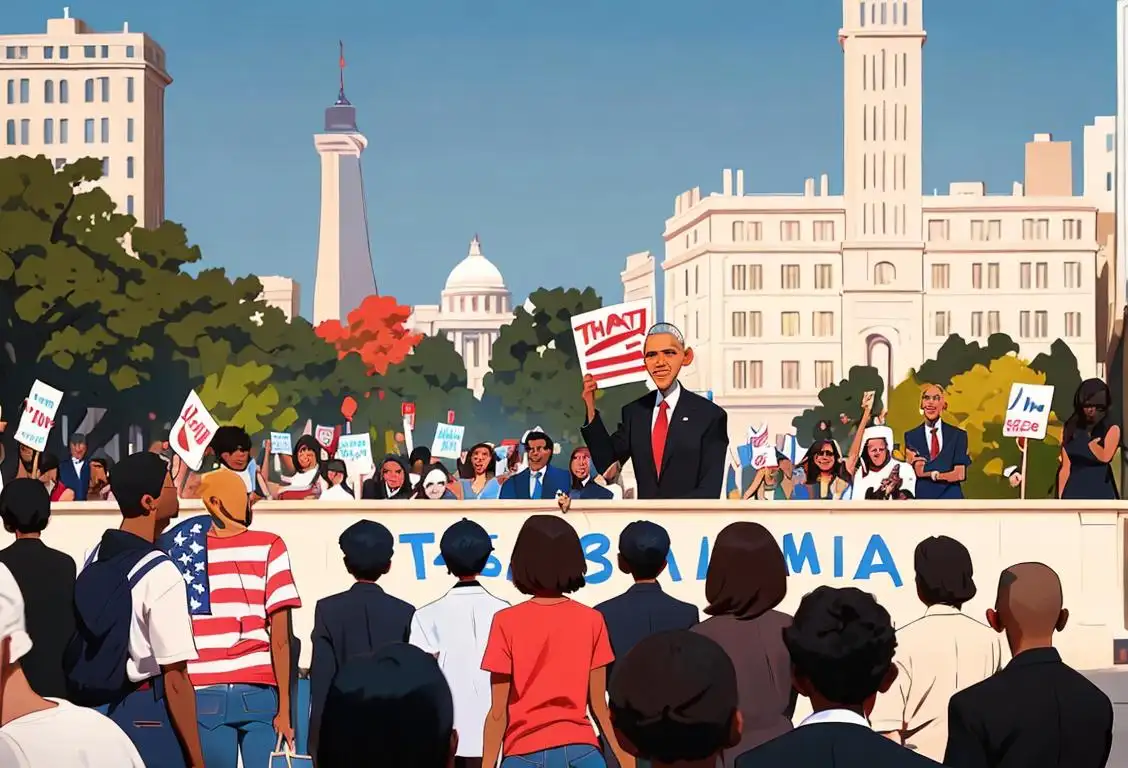 A diverse group of people holding signs that say 'Thank You Obama' in front of an iconic American landmark, wearing casual clothing, city background..