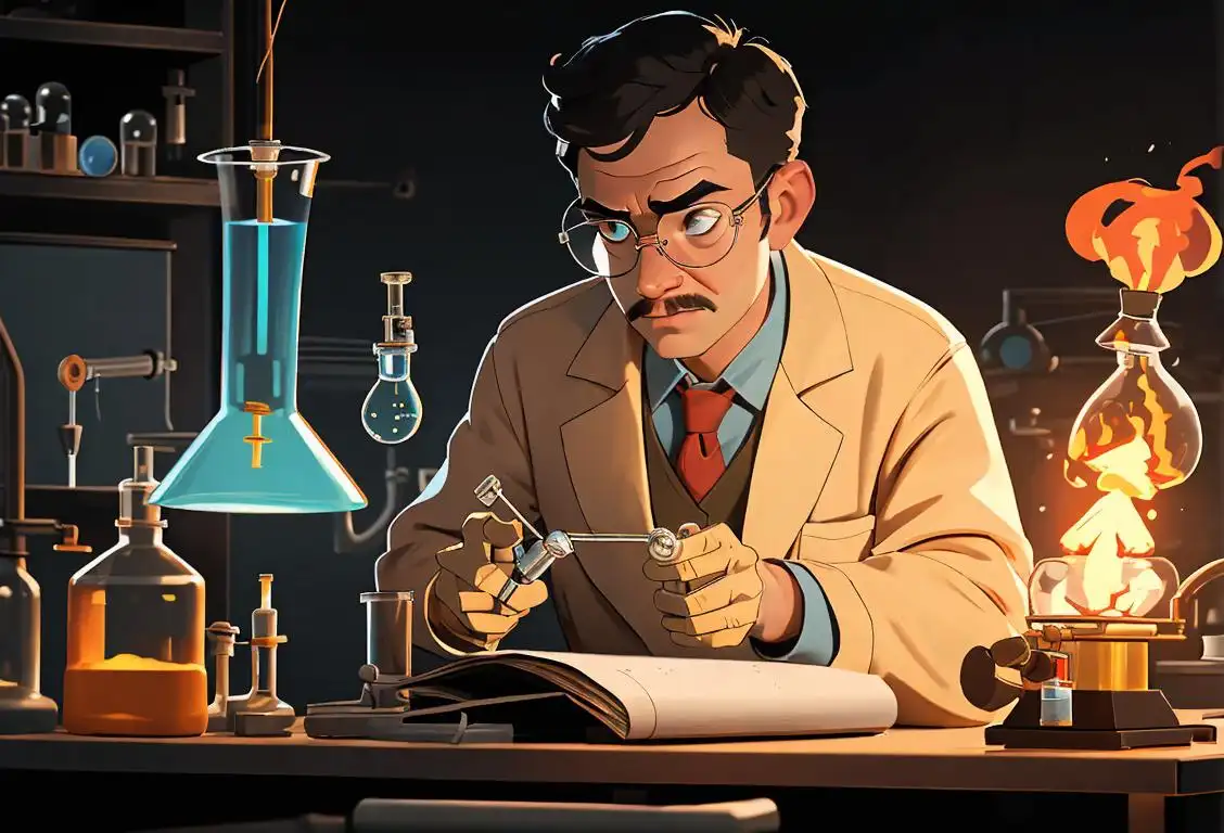 A scientist holding a bunsen burner, wearing a lab coat, surrounded by chemical equipment and books at a university laboratory..