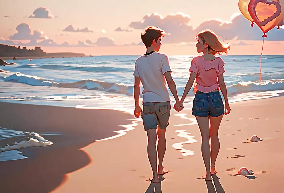 Young couple holding hands, walking on a sandy beach at sunset, wearing casual summer outfits, surrounded by seashells and heart-shaped balloons..