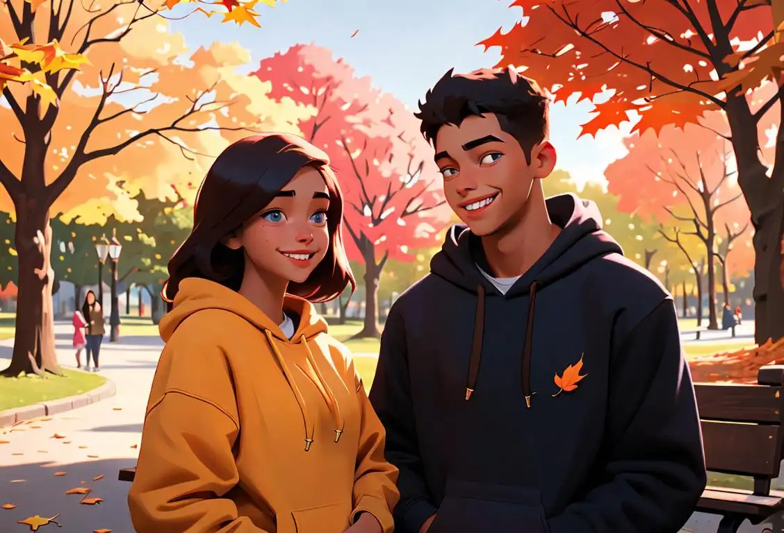 Young man offering a girl his hoodie, smiling in a park with autumn leaves, cozy fashion, romantic atmosphere..