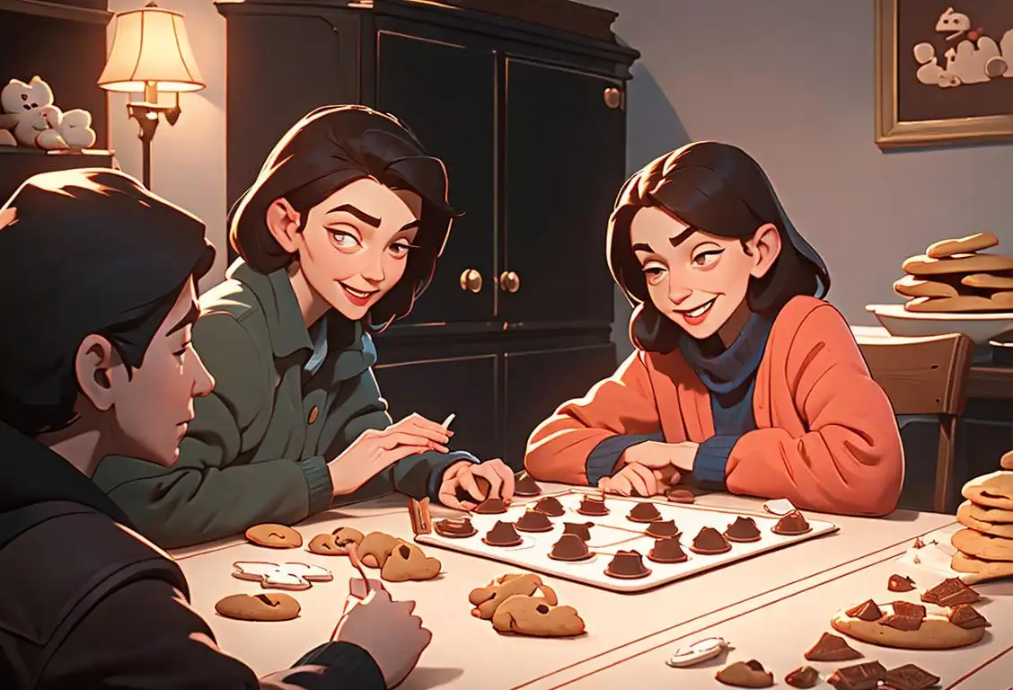 Happy family at home, baking cookies and playing board games, cozy winter setting..