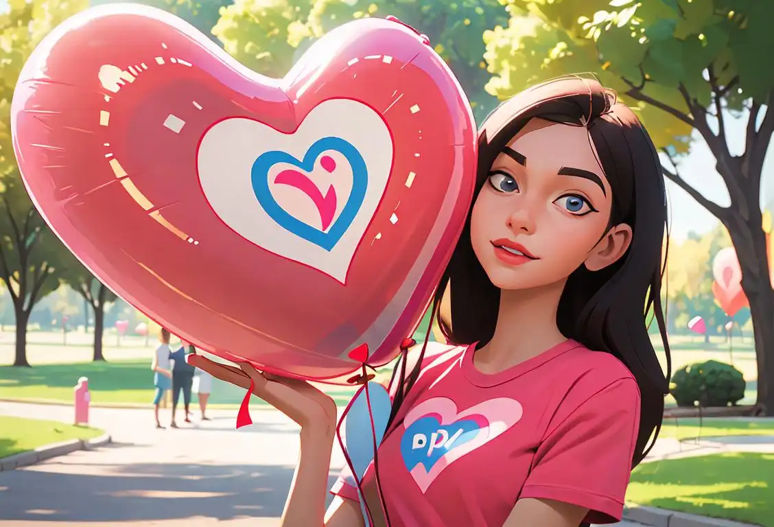Young woman holding a heart-shaped balloon, wearing a t-shirt with an organ donor symbol, park setting with people engaging in outdoor activities..
