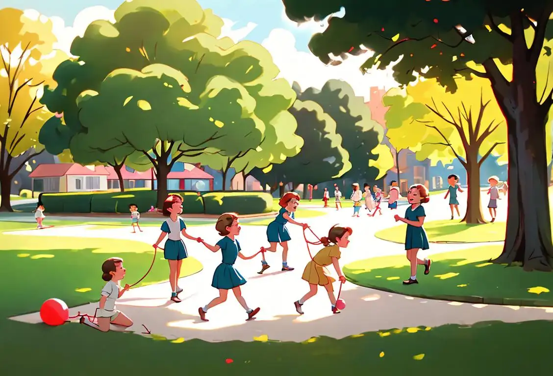 Children playing in a park, dressed in vintage clothing, 1950s style picnic scene, classic games like hopscotch and jump rope..